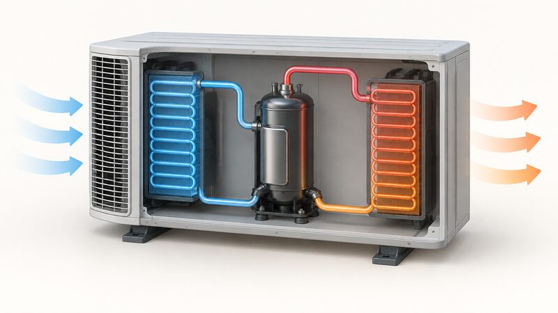 A cutaway diagram of a heat pump unit showing the refrigerant circuit with the evaporator, compressor and condenser connected in a continuous loop, with the compressor drawn as the central modulating component.