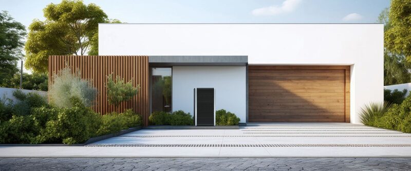 A Heliotherm air source heat pump unit installed outside a modern white house with a wooden garage door