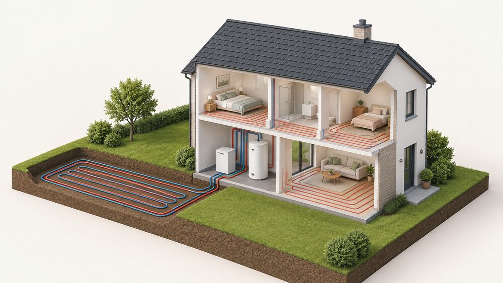 A cutaway of a house showing a ground source heat pump unit indoors connected to a hot water tank feeding underfloor heating, with a horizontal ground loop buried in the garden outside.
