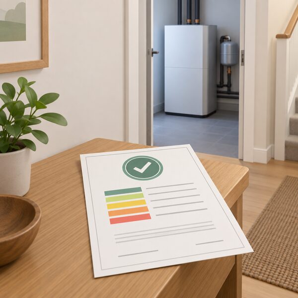A printed heat pump quality certification certificate lying on a table in a home hallway, shown as a physical document with a plain circular quality mark, colour bands and blank lines, with a ground source heat pump unit visible in the background.
