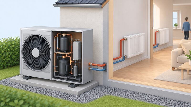A cutaway diagram of an outdoor monobloc air-to-water heat pump unit revealing a two-stage cascade compressor arrangement inside, with a pipe carrying heated water from the unit into the house to radiators.