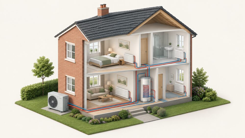 A cutaway house showing an air-to-water heat pump fan unit standing on the ground outside an external wall, connected by pipework to radiators staying on the indoor walls and a hot water cylinder with a coil, with no boiler present.