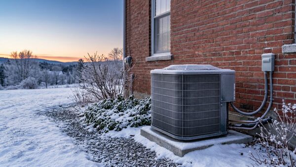 An air source heat pump unit installed outside a red brick house in a snowy winter landscape