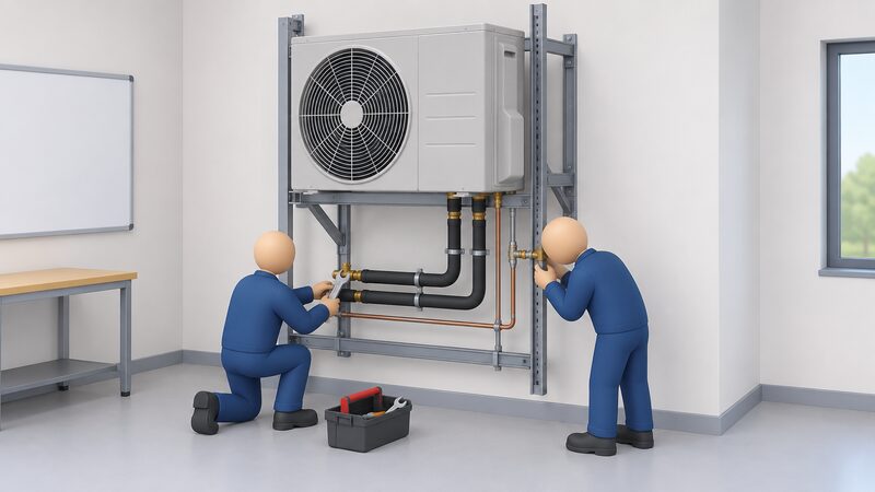 A training room where a wall-mounted air source heat pump outdoor unit sits on a metal rig, with two simplified engineer figures working on the refrigerant and water pipework beneath it, one using spanners and one inspecting a connection.