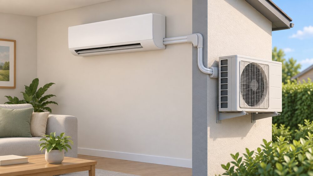 A close-up of a wall-mounted indoor air-to-air heat pump head on a living room wall, with its refrigerant pipe and cable passing through the external wall to the outdoor fan unit mounted on the wall outside in daylight.