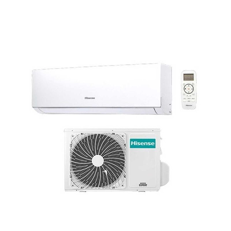 A Hisense wall-mounted air conditioning heat pump indoor unit with remote control and outdoor condenser unit on a white background