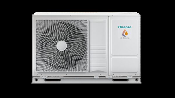 A Hisense Hi-Therma R32 air source heat pump outdoor unit on a white background
