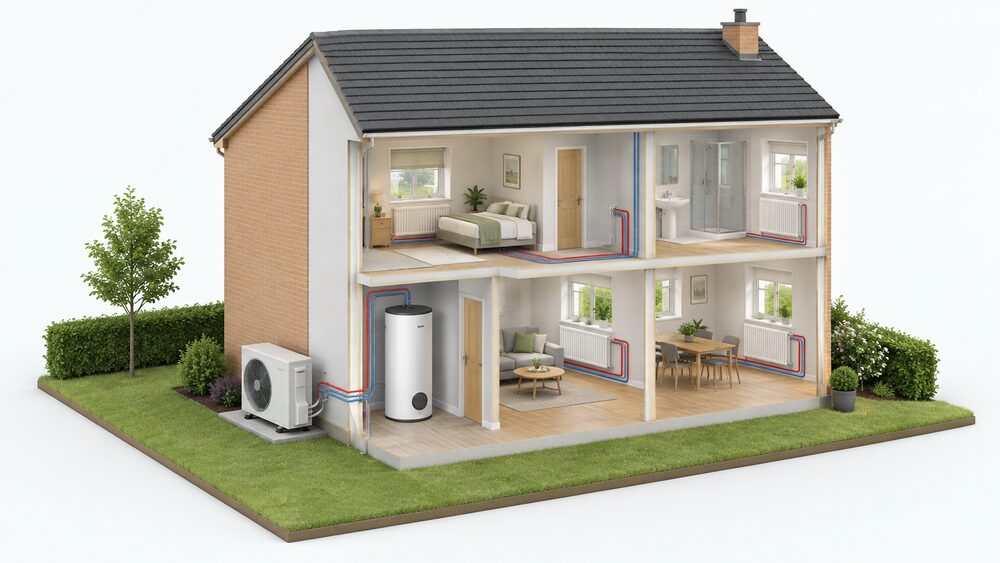 A cutaway house showing a Yutaki-style air-to-water heat pump outdoor fan unit standing on the ground against the outside wall, connected through the wall to an indoor hot water cylinder and radiators in the rooms behind.