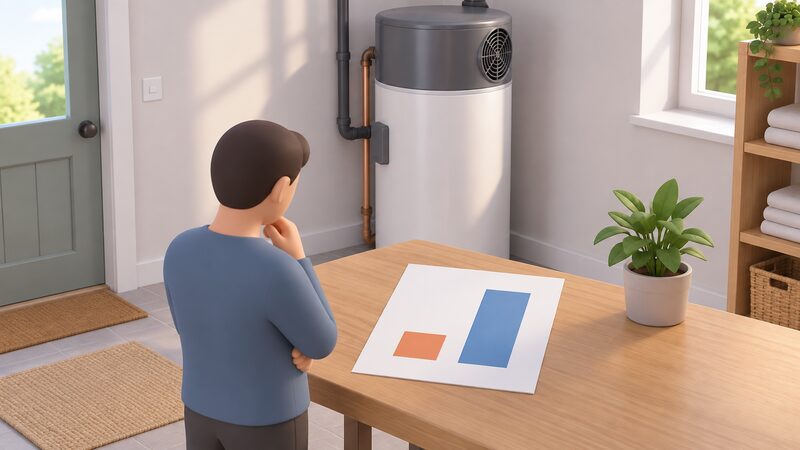 A printed chart sheet lying on a table beside a heat pump cylinder, showing two plain bar columns comparing heat delivered per unit of electricity, with the heat pump's bar three times the height of the resistive heater's bar.