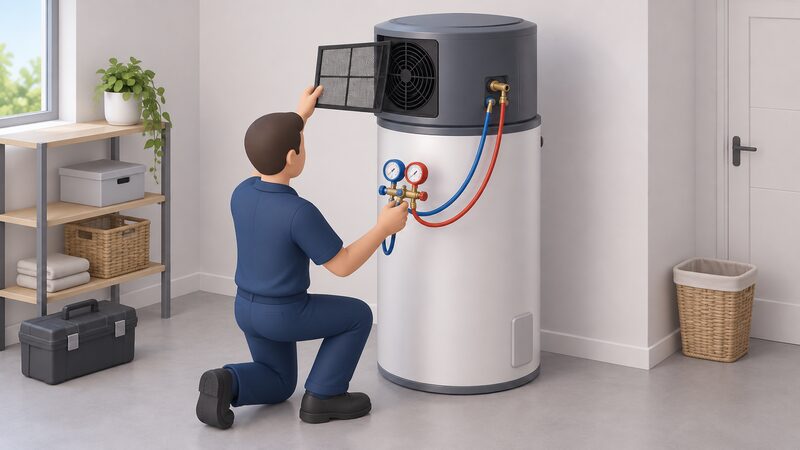 A service engineer kneeling beside a hot water heat pump cylinder in a home utility space, holding manifold gauge hoses connected to the refrigerant circuit service ports on the heat pump unit atop the cylinder while sliding the air filter out of the fan intake for inspection.