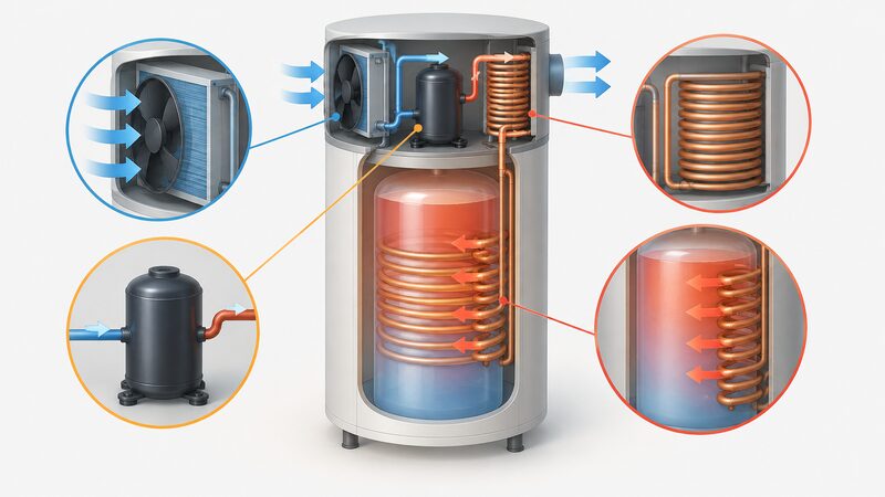 A cutaway diagram of a hot water heat pump cylinder showing air drawn across the evaporator, the compressor raising the refrigerant temperature, and the condenser coil transferring heat into the stored water, with cooler air expelled.