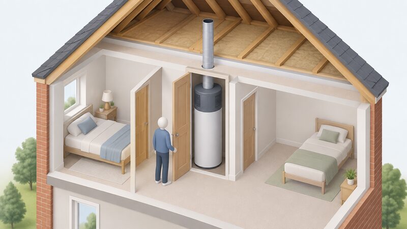 A cutaway airing cupboard upstairs containing a standalone hot water heat pump cylinder with its integral heat pump unit on top, a simplified isometric figure beside it, and a round duct rising from the unit through the ceiling into the loft space above where it terminates open to the loft air.