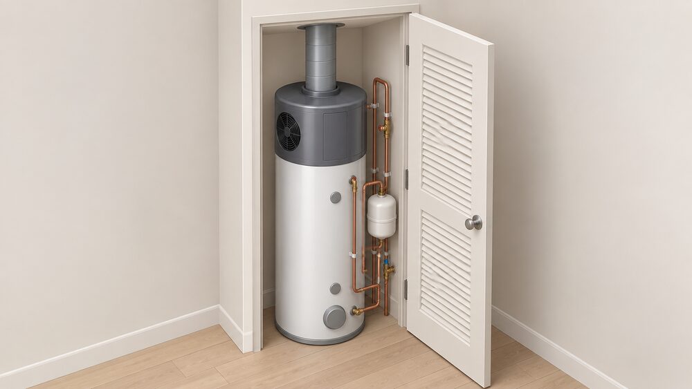 A close-up of a hot water heat pump unit mounted on top of a tall hot water cylinder in an airing cupboard, with a round duct running from the unit up through the ceiling towards the loft, and the cylinder's pipework visible beside it.