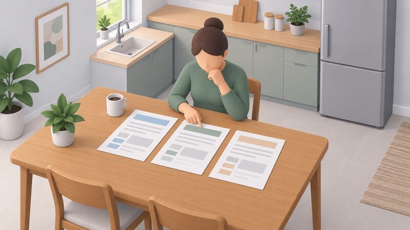 A householder seated at a kitchen table comparing three printed heat pump quotation sheets laid out side by side, each showing blank lines and plain blocks where the heat loss calculation, flow temperature and emitter details would appear, with no readable figures.