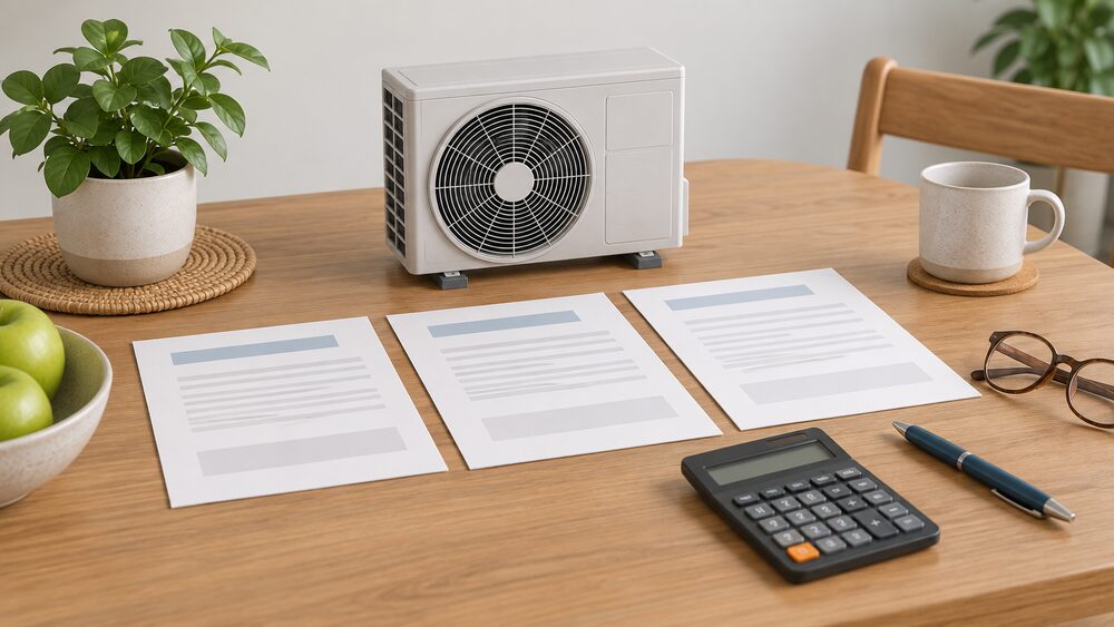 A small model of an air source heat pump outdoor fan unit sits on a kitchen table beside three separate blank quote documents, a pen, a calculator and a pair of reading glasses, arranged as a household comparing installer quotes.