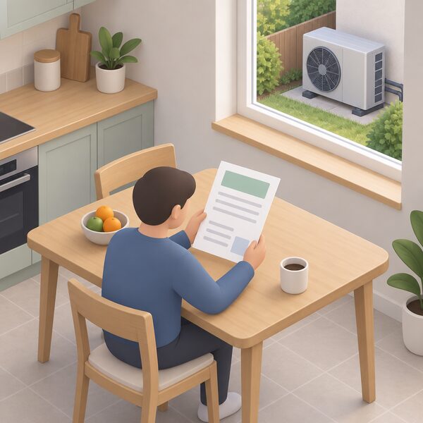 A simplified isometric figure at a kitchen table holding and reading a paper MCS certificate for a heat pump installation, the sheet shown with blank lines and plain colour blocks instead of readable content, with an air source heat pump unit visible through the window outside.