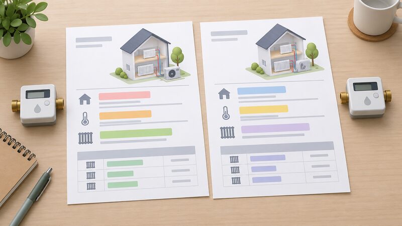 Two printed heat pump quotation sheets lying side by side on a table, each with a highlighted heat loss figure, a highlighted design flow temperature and highlighted emitter sizes shown as plain colour bands, with a small heat meter icon beside each sheet.