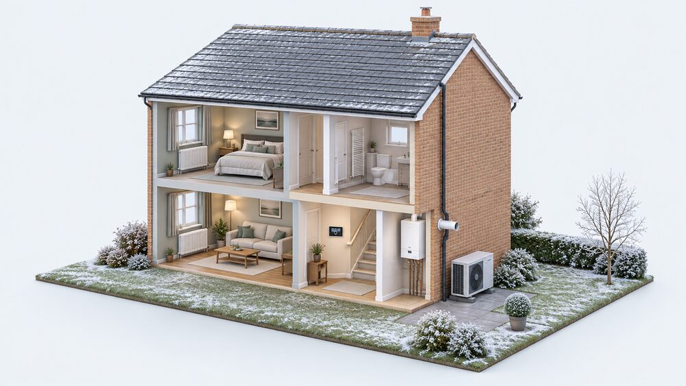 A cutaway house on a cold day showing an air source heat pump fan unit standing outside on the ground at the rear wall, a gas condensing boiler indoors with its flue passing through the external wall beside the fan unit, a single master controller on an inside wall, and existing radiators in the rooms.