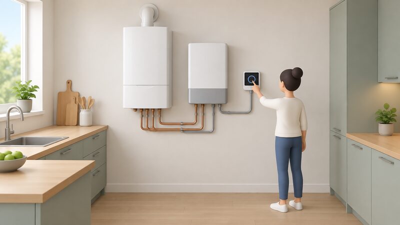 A kitchen wall with a wall-mounted gas boiler and a hybrid control unit beside it, both linked to a single master controller mounted nearby, shown as one connected setup rather than two separate appliances.