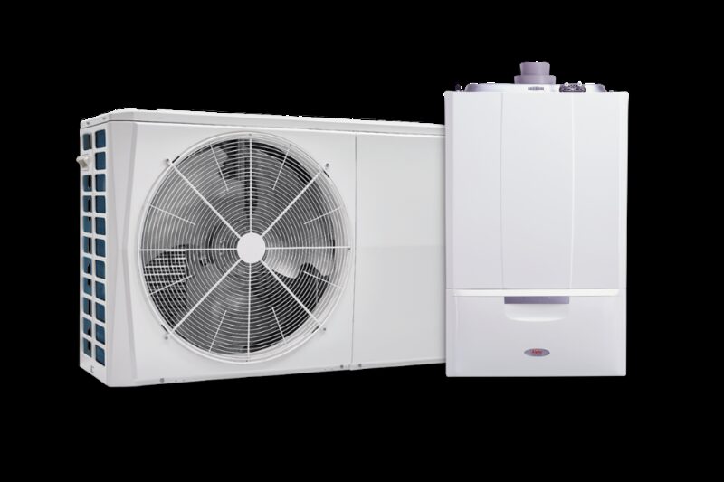 An Alpha hybrid heat pump system shown as an outdoor fan unit next to a wall-mounted white boiler unit on a plain background