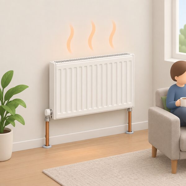 A single household radiator mounted on an interior wall of a simply drawn room, shown warm with gentle heat lines rising from its fins, connected by two pipes down to the floor, representing the emitter that runs cooler for longer while the heat pump holds the house at temperature.