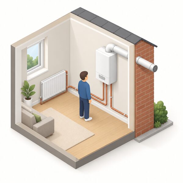 A cutaway view of a home interior showing a wall-mounted gas boiler connected to radiator pipework, with its flue pipe passing horizontally through the outside wall to terminate outdoors, while a small isometric figure stands beside the boiler.