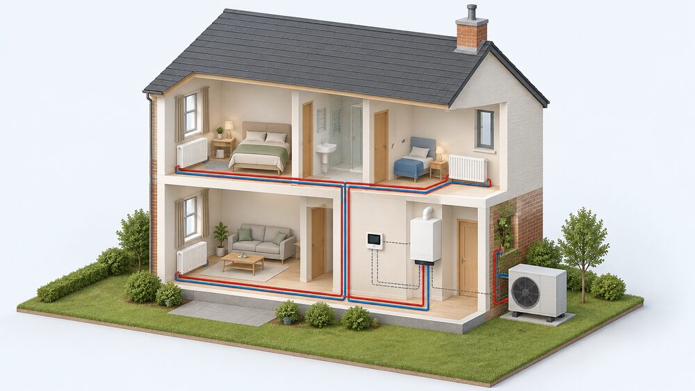 A cutaway house showing an air source heat pump fan unit standing outside on the ground against an external wall, a gas condensing boiler indoors on the wall, and a single control connecting both to one shared wet heating circuit with radiators.