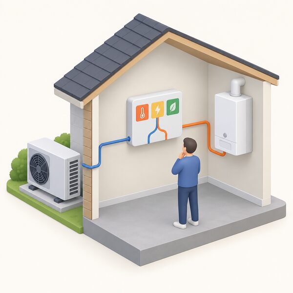 A wall-mounted hybrid control unit indoors shown as a small panel with plain indicator blocks for temperature, tariff and carbon signals, with simple connection lines running from it to a heat pump unit outside the wall and a boiler, one simplified figure glancing at the panel.