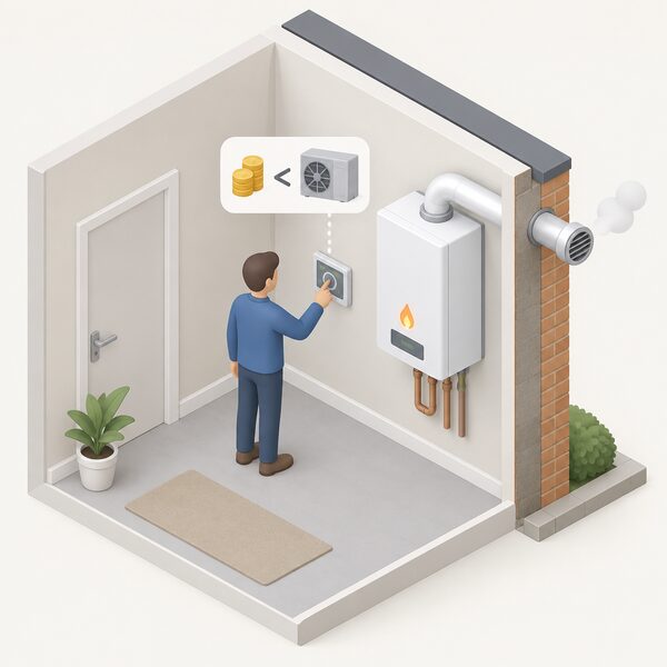 A cutaway room view showing a wall-mounted gas boiler indoors with its flue passing through the outside wall, beside a small control panel, with a simplified isometric figure checking the controls as the boiler runs only when cheaper than the heat pump.