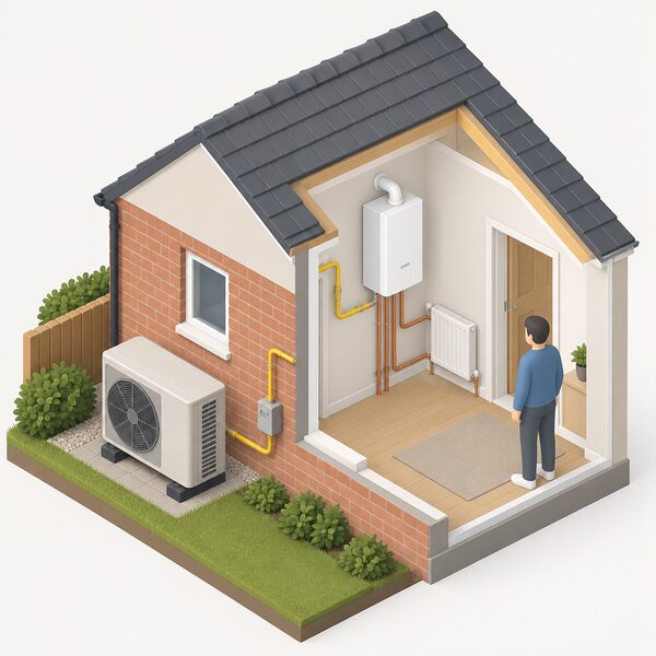 A cutaway view of a house showing an air source heat pump fan unit standing on the ground outside one wall and a gas boiler mounted on the wall inside, with a gas supply pipe running from outside into the house so both appliances remain connected.