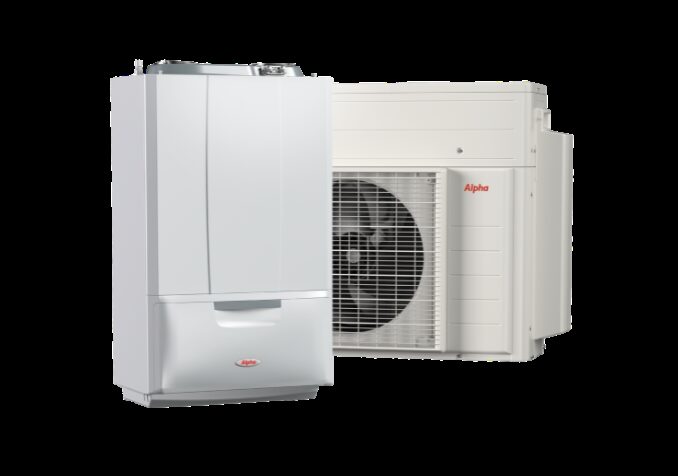 An Alpha wall-mounted boiler unit shown alongside an Alpha outdoor heat pump unit on a white background