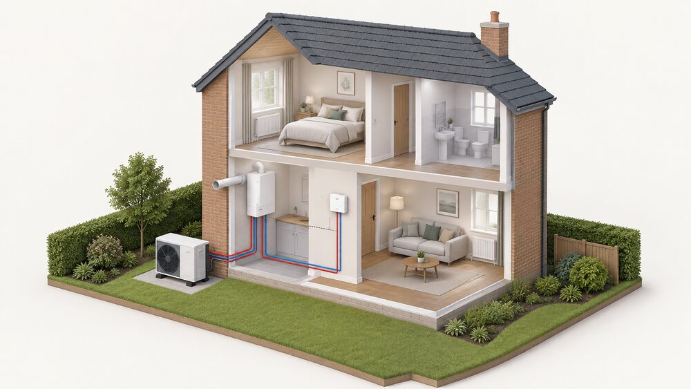 A cutaway house showing an air source heat pump unit standing outside on the ground at the rear wall, a gas condensing boiler indoors with its flue passing through an external wall, and a single dedicated controller on an inside wall connecting the two heat sources.