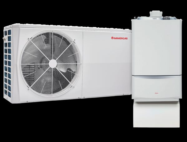 An Immergas air source heat pump outdoor unit shown beside a white wall-mounted boiler unit on a plain background