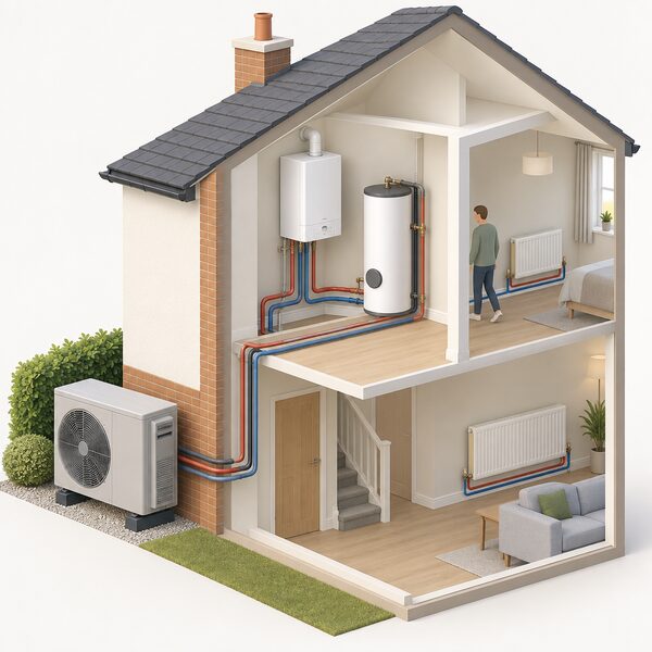 An air source heat pump outdoor unit on an exterior house wall connected by insulated pipes to the heating system inside, where a wall-mounted gas boiler sits on the same circuit, both shown as parts of one combined home heating setup.