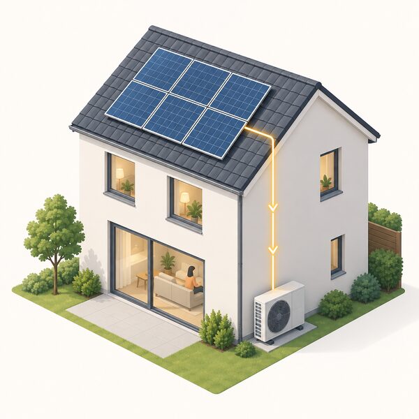 A house with solar panels on its roof and an air source heat pump unit at the outside wall, with a simple line linking the panels and the heat pump to show the heat pump running on self-generated electricity.