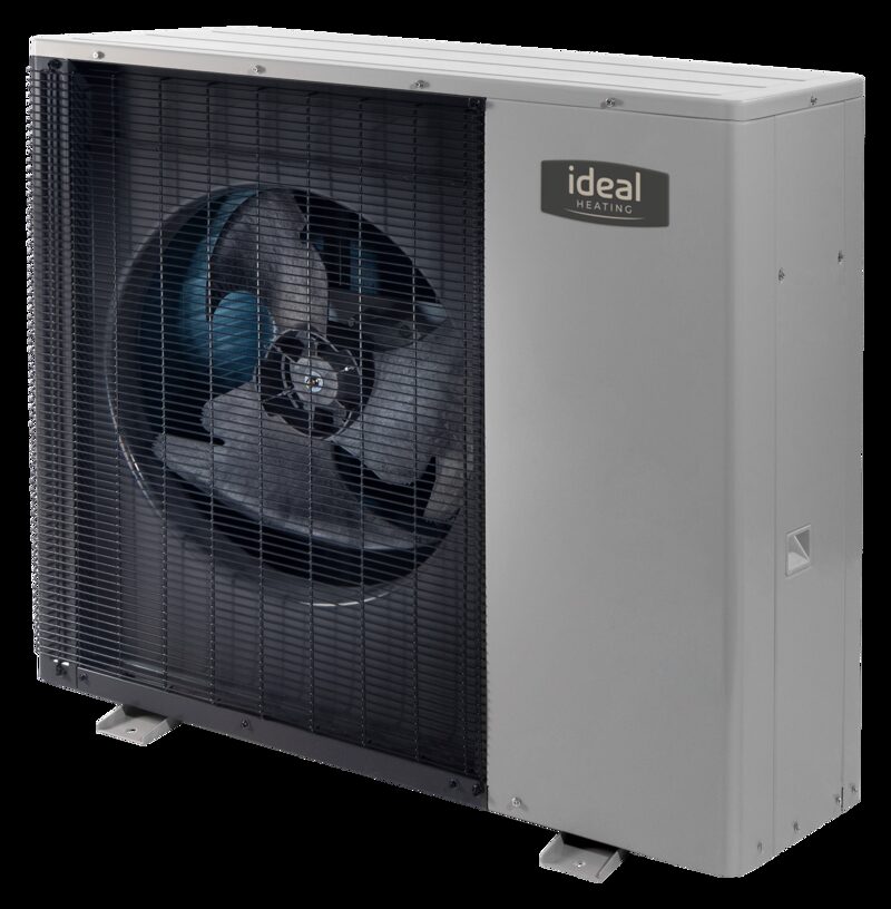 An Ideal Heating Logic Air monobloc air source heat pump outdoor unit shown against a plain white background