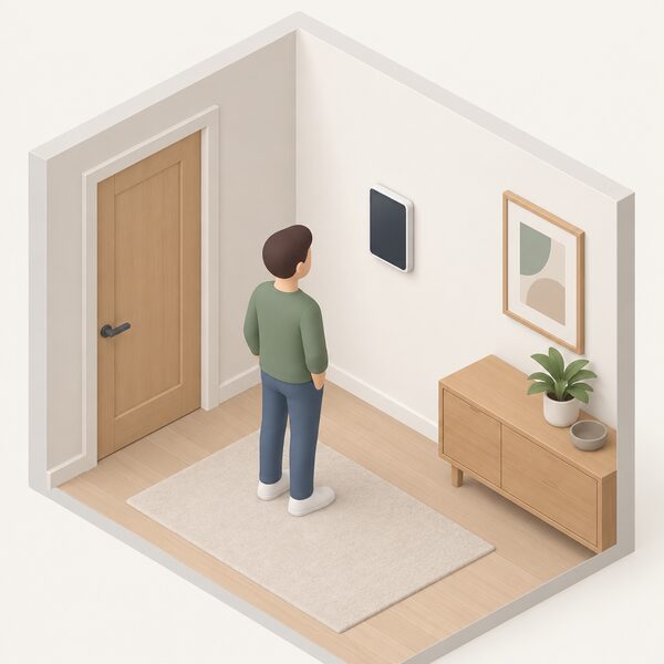 A simplified isometric indoor scene showing a Halo Air control mounted on an interior wall of a home, drawn as a slim wall-mounted unit with a plain screen face, with a small figure nearby looking at it, and no other equipment shown.