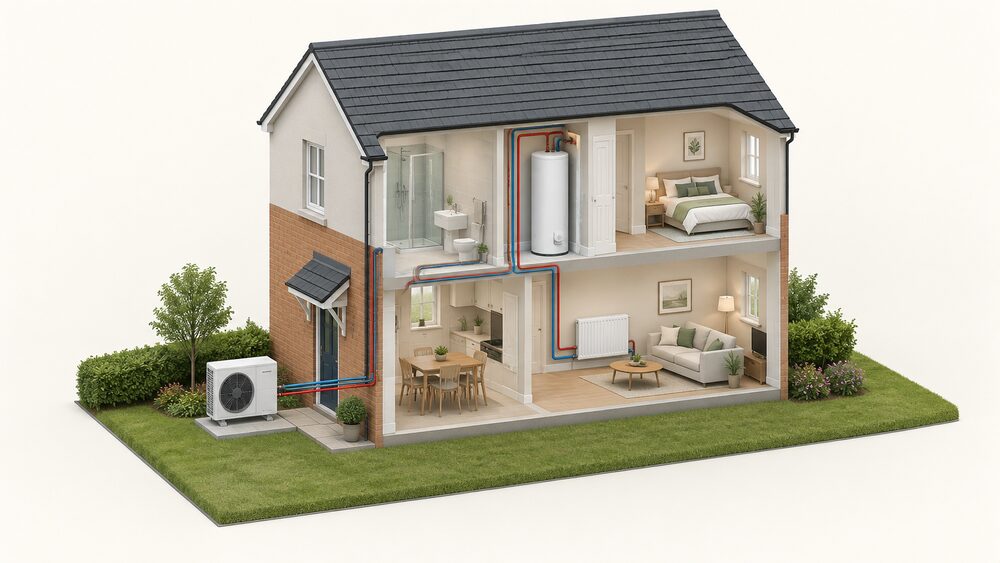 A cutaway house in daylight with an air source heat pump unit on a plinth outside the external wall, connected by pipework through the wall to an indoor hot water cylinder and a radiator in the living room.