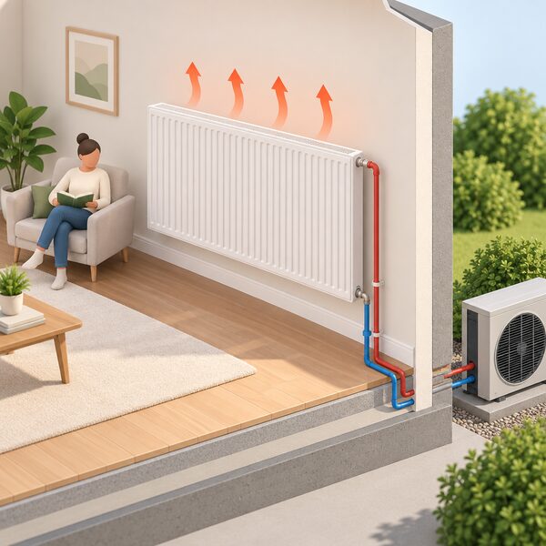 A large, generously sized wall radiator in a room, shown with its flow and return pipework running down to the heating system, drawn to convey that its big surface area gives up heat comfortably at a lower water temperature.