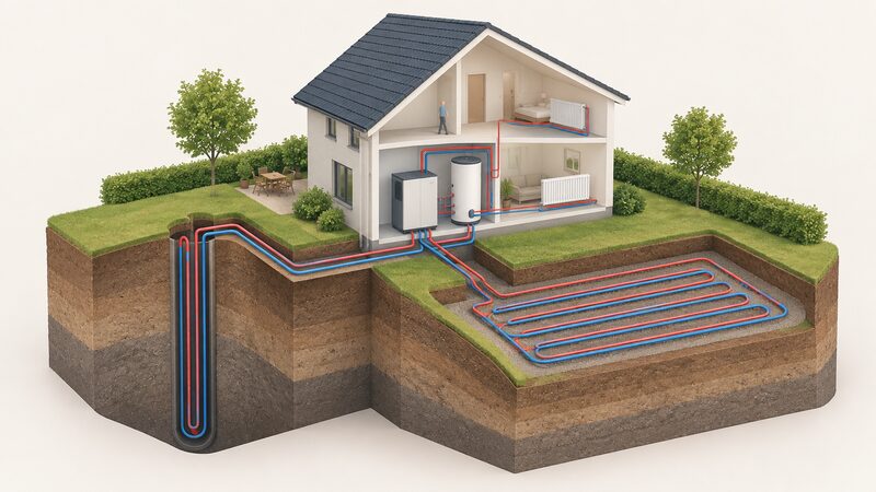 A cutaway diagram of a garden showing a vertical borehole collector on one side and a horizontal loop of buried pipes on the other, both running into a ground source heat pump unit inside the home that connects to a hot water cylinder and radiators.