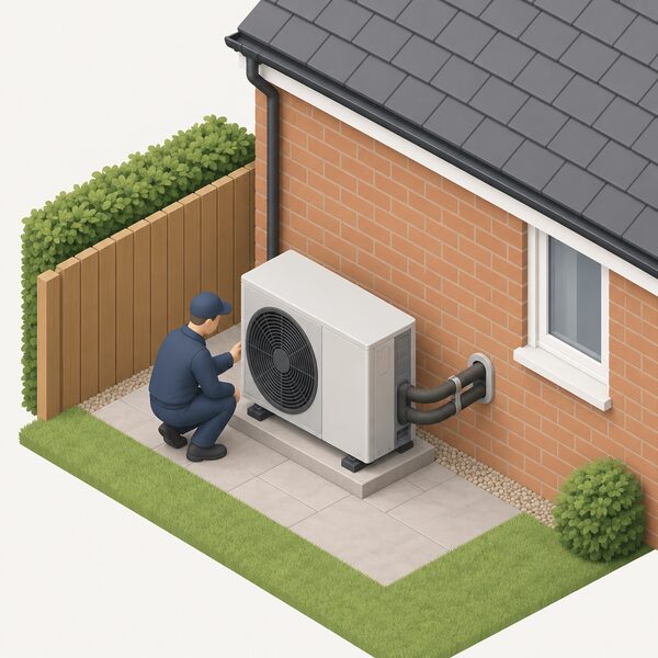 A small isometric view of an air-to-water heat pump unit standing on a level base outside the rear wall of a simple UK house, with insulated pipework entering the wall and a simplified figure of an installer checking the unit.