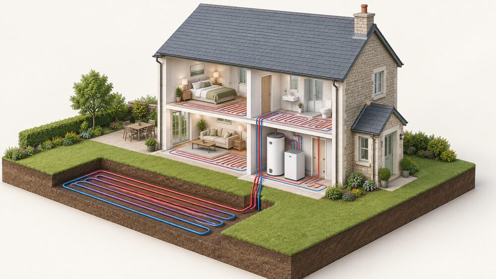 A cutaway of a rural house showing a Greenline ground source heat pump unit and hot water cylinder in an indoor plant room, with a horizontal ground loop buried in the garden outside and underfloor heating pipes in the floor, all connected by insulated pipework.