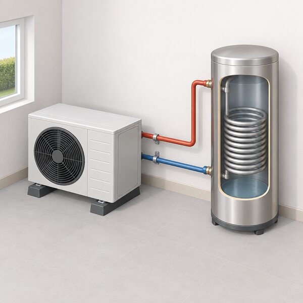 A stainless steel indirect hot water cylinder standing indoors as a separate store beside a heat pump unit, with a cutaway view showing the internal heating coil connected by pipework to the heat pump's flow and return.