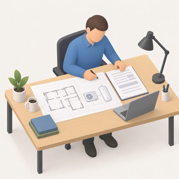 A heating engineer seated at a desk in an office, studying architectural house plans spread out before him while preparing a written system specification covering a heat pump and a hot water cylinder as one combined design.