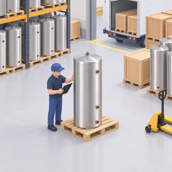 A stainless steel hot water cylinder standing finished on a pallet in a bright UK factory, with a simplified isometric worker checking it before dispatch, plain crates and stacked cylinders around it ready to send to households nationwide.