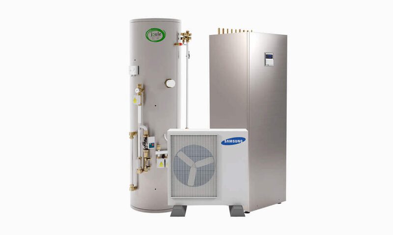 A Joule hot water cylinder, Samsung heat pump outdoor unit and a stainless steel buffer/thermal store tank shown together as a product set