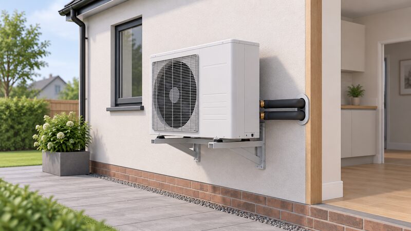 A white monobloc air to water heat pump outdoor unit fixed to a wall bracket beside a house's external wall, with insulated water pipework leaving the unit and passing through the wall into the house, all refrigerant circuit contained within the outdoor unit.