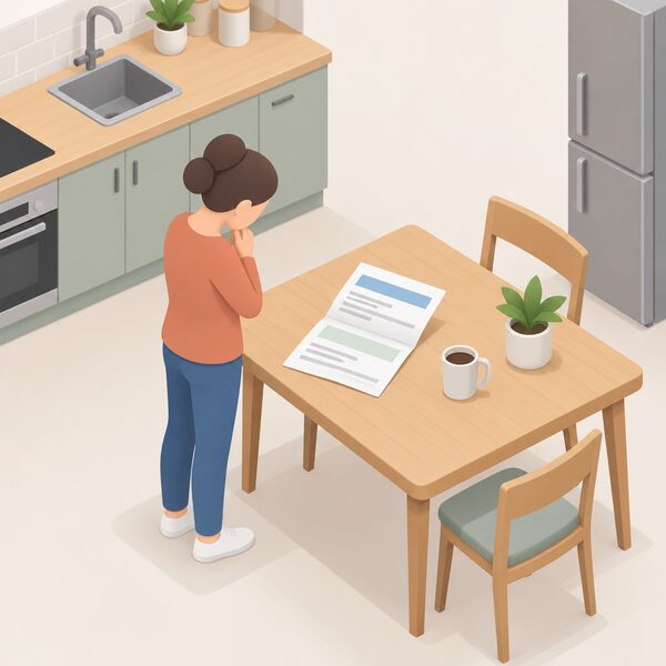 A folded household energy bill lying on a domestic kitchen table, its printed content shown only as blank lines and plain colour bands, with a simple isometric figure standing beside the table looking down at it.