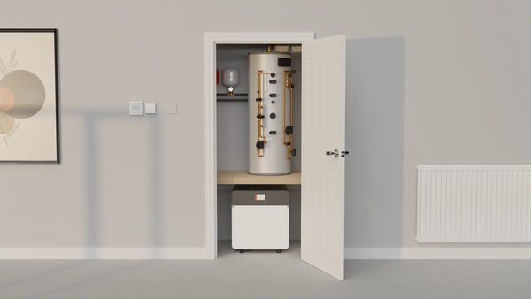 A 3D render of a ground source heat pump unit and hot water cylinder installed in an airing cupboard in a home
