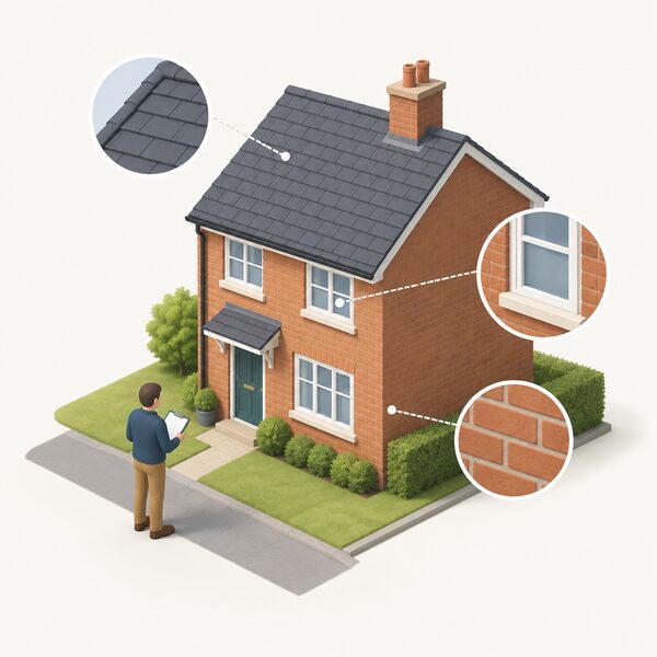 A surveyor in plain clothing stands outside a typical UK house with a clipboard, inspecting the building's exterior walls, windows and roof while noting details to assess its heat loss.